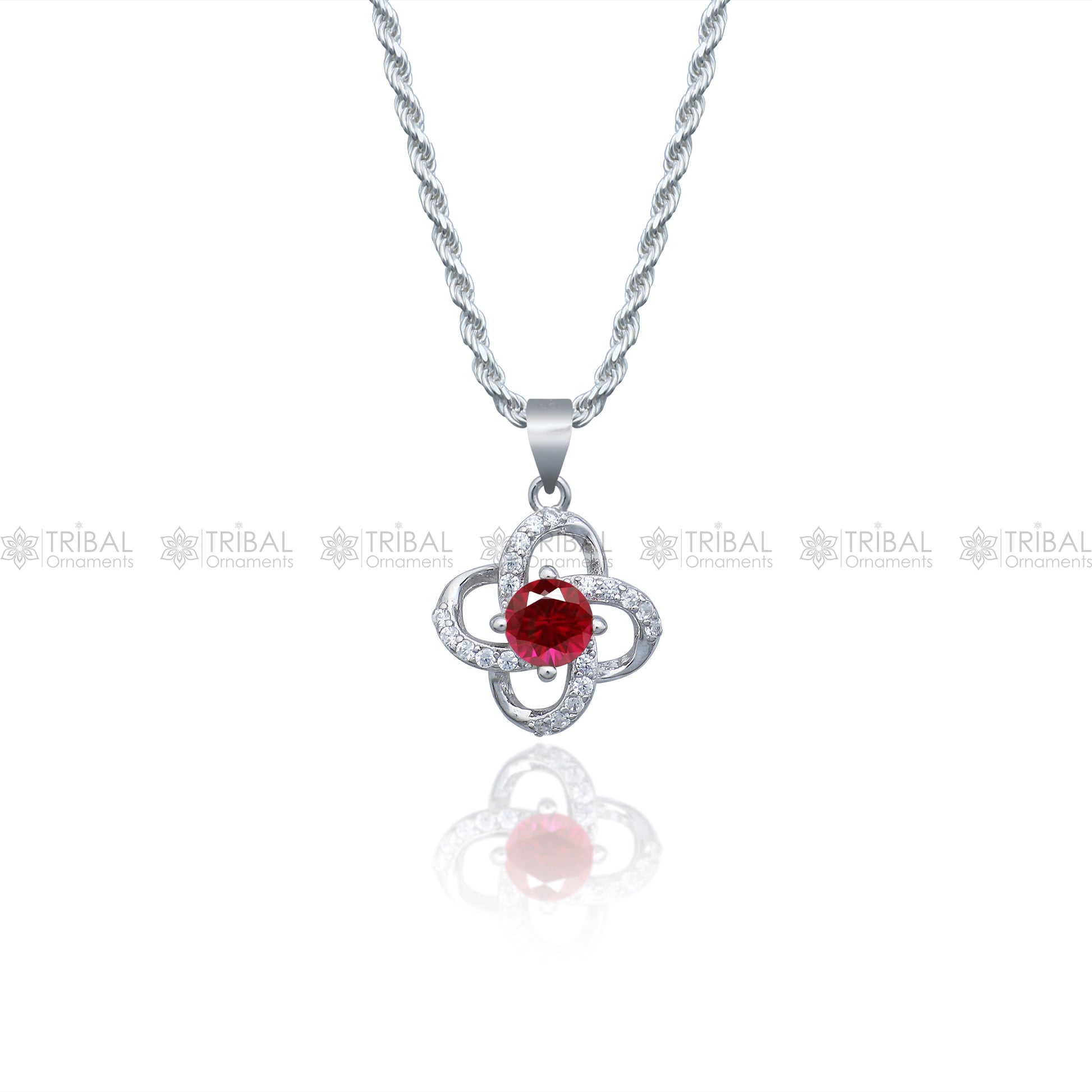 925 Sterling silver flower with Red diamond (rubby )  pendant set nsp963 - TRIBAL ORNAMENTS