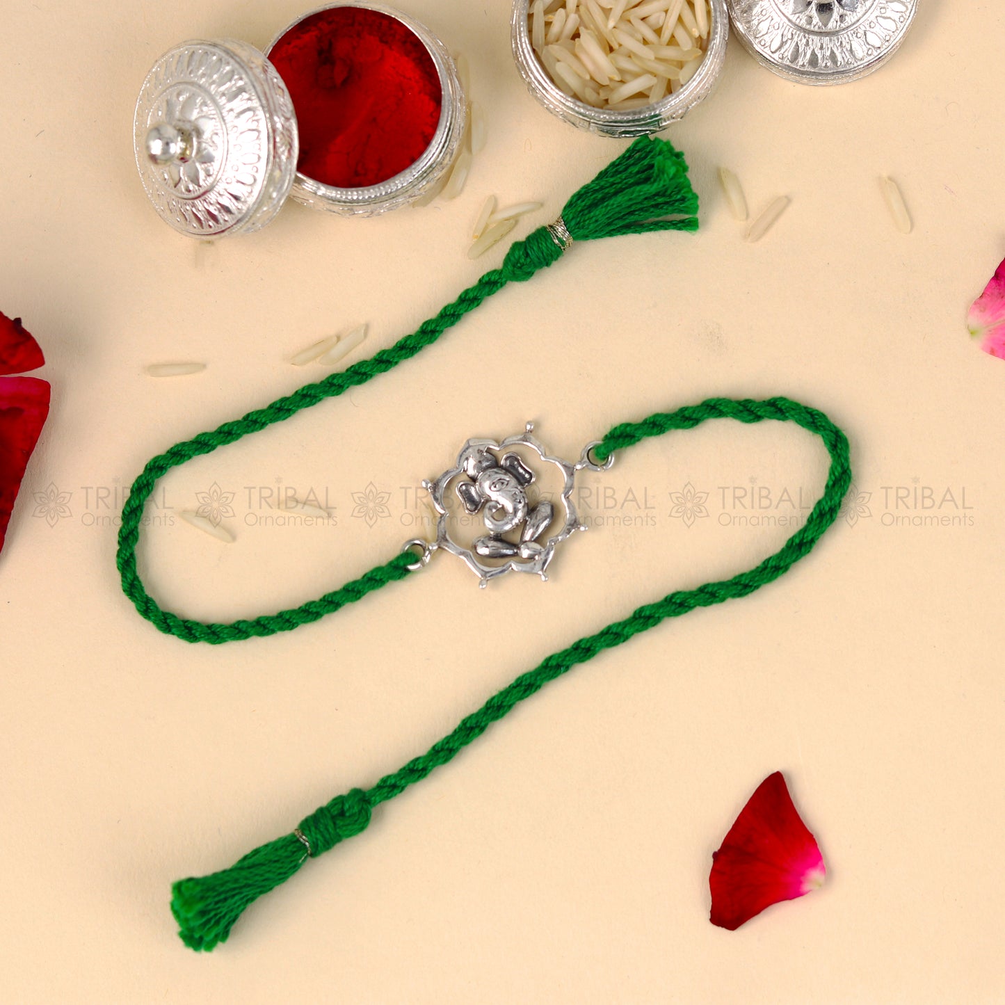 925 Sterling silver Ganesha design pendant Rakhi bracelet Rakshabandhan festival rk364 - TRIBAL ORNAMENTS