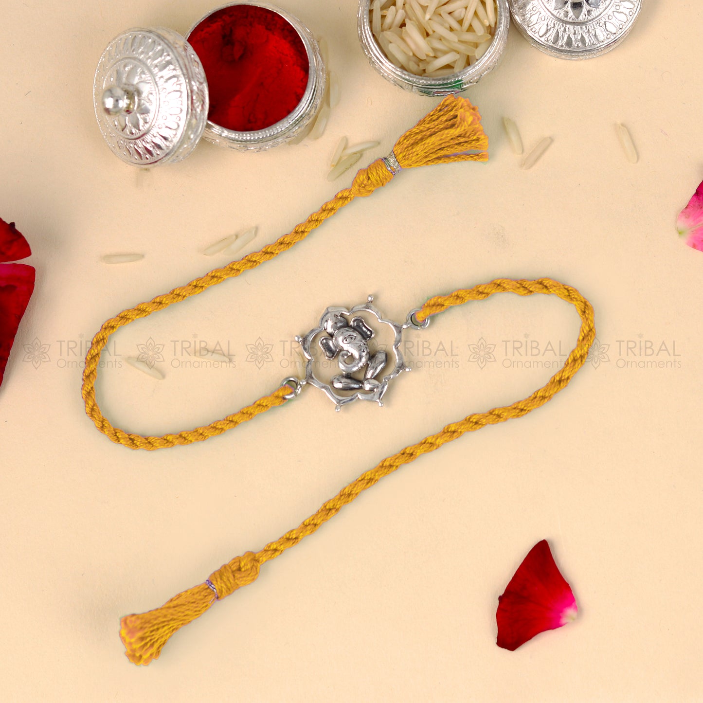 925 Sterling silver Ganesha design pendant Rakhi bracelet Rakshabandhan festival rk364 - TRIBAL ORNAMENTS
