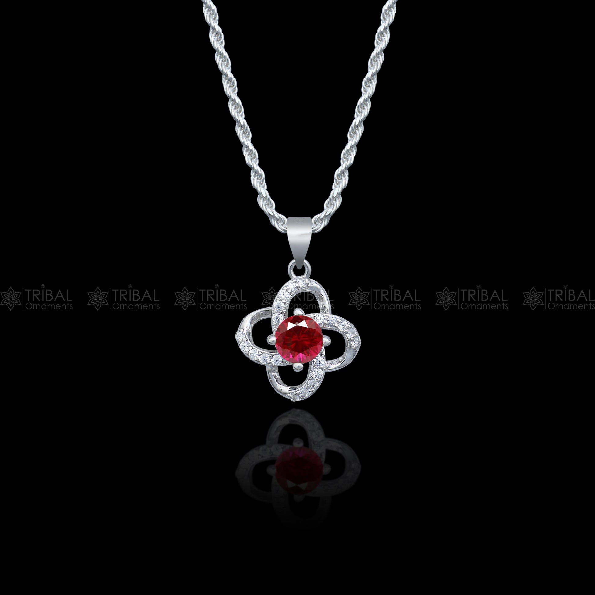 925 Sterling silver flower with Red diamond (rubby )  pendant set nsp963 - TRIBAL ORNAMENTS
