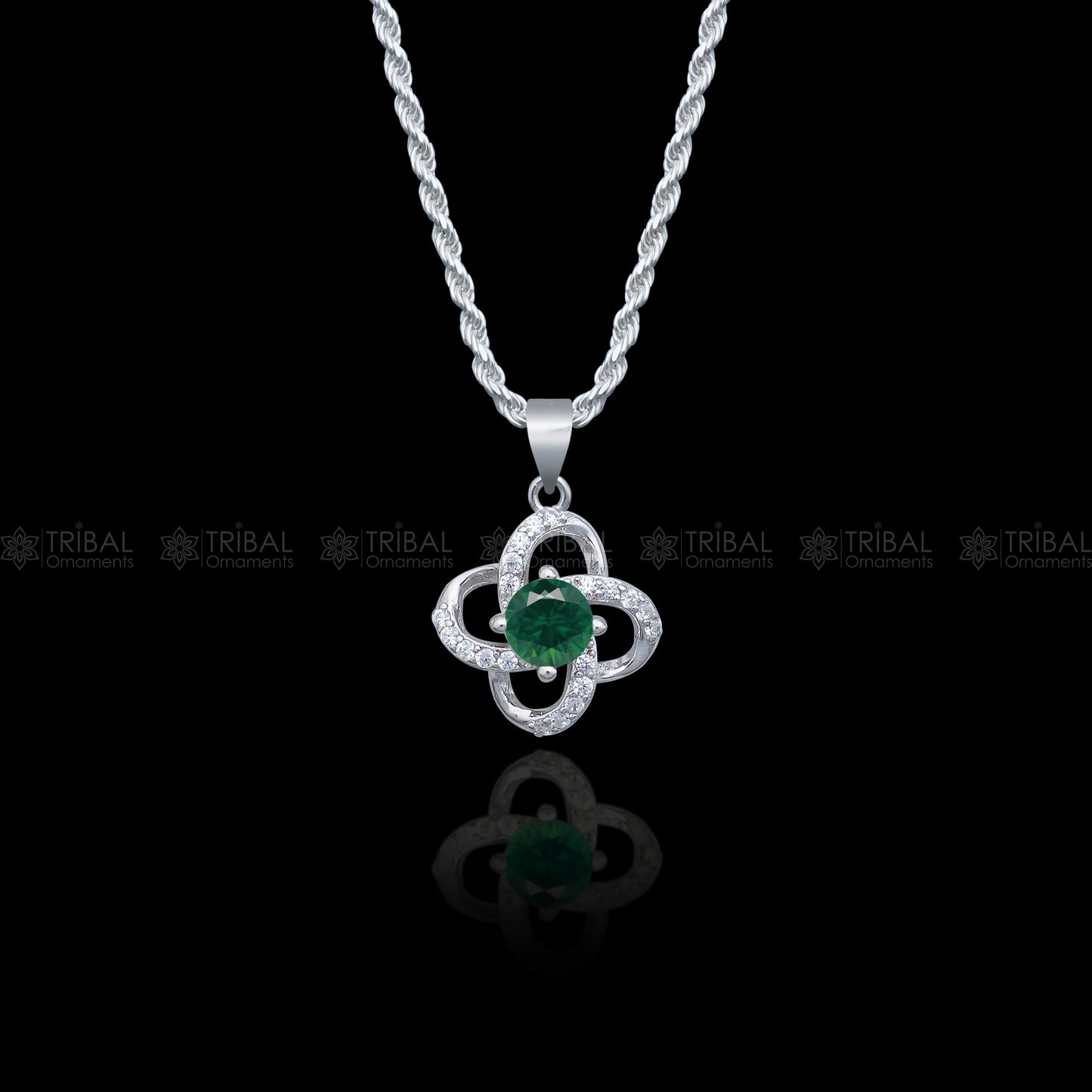 925 Sterling silver flower with green diamond (emerald) pendant set nsp964 - TRIBAL ORNAMENTS
