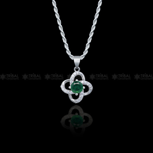925 Sterling silver flower with green diamond (emerald)  pendant set  nsp964 - TRIBAL ORNAMENTS