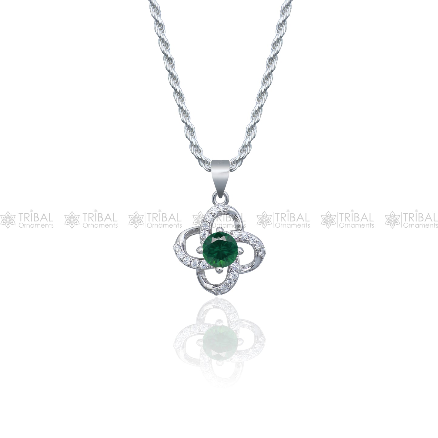 925 Sterling silver flower with green diamond (emerald) pendant set nsp964 - TRIBAL ORNAMENTS