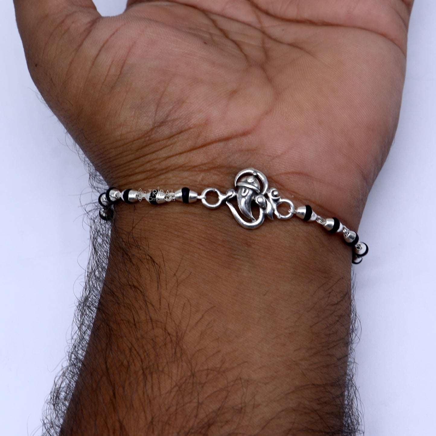 925 sterling silver handmade Lord Ganesha holy basil rosary beads Rakhi bracelet, black Tulsi beaded bracelet rk390 - TRIBAL ORNAMENTS