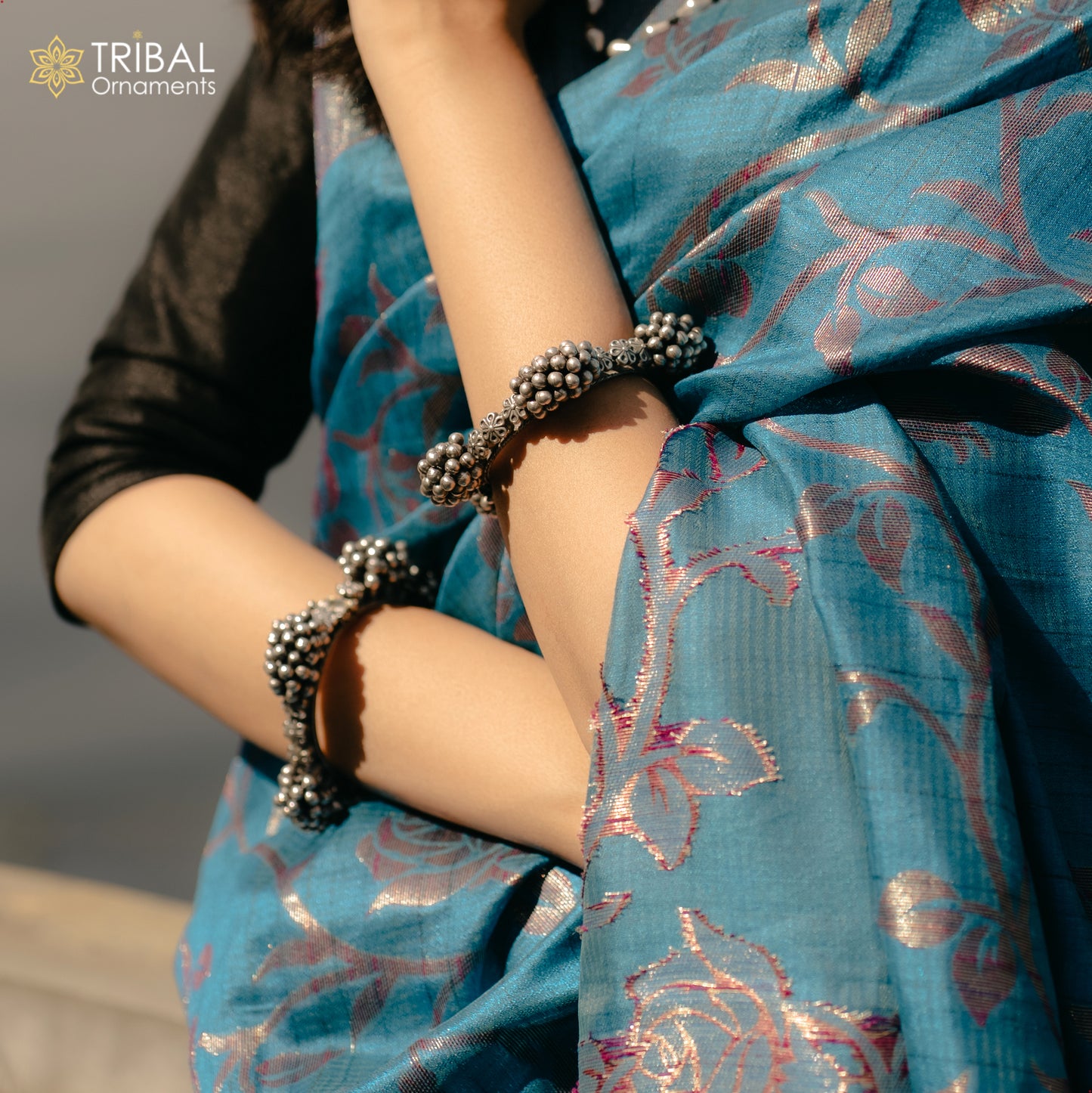 Vintage trendy style 925 sterling silver handmade unique tribal cultural bangle bracelet kada with silver beads work wedding jewelry nsk725
