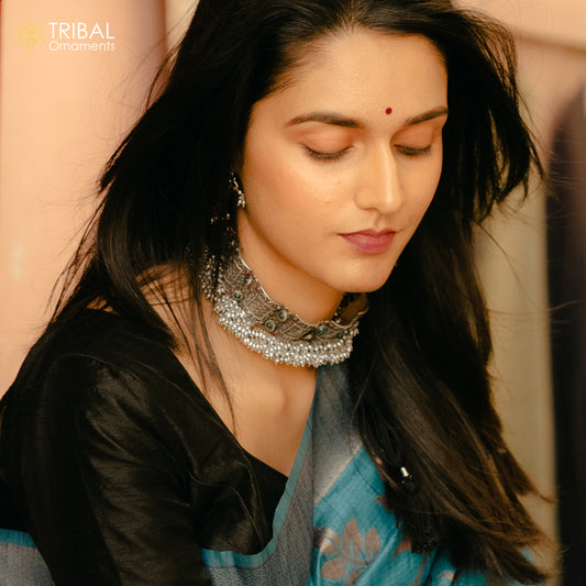 Pure 925 sterling silver handmade customized hanging pearl luxury necklace, best brides belly dance gifting Guttapusalu necklace set251