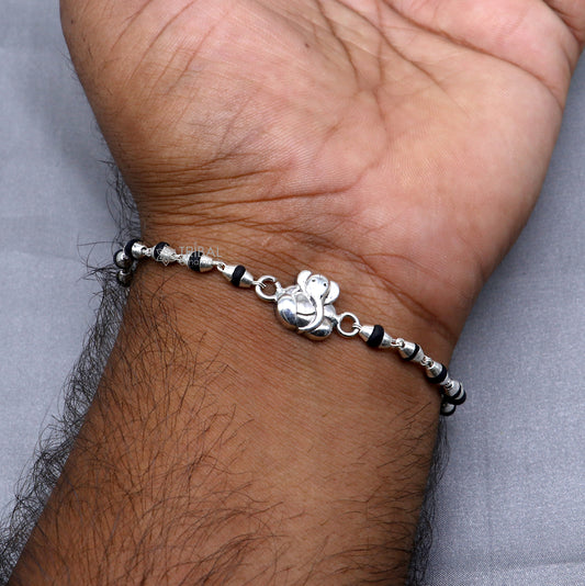 925 sterling silver handmade ganesha design holy basil rosary beads Rakhi bracelet, black Tulsi beaded bracelet rk394 - TRIBAL ORNAMENTS