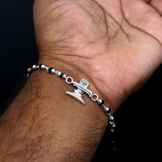 925 sterling silver handmade Lord shiva lingam ( shivling )holy basil rosary beads Rakhi bracelet, black Tulsi beaded bracelet rk393 - TRIBAL ORNAMENTS