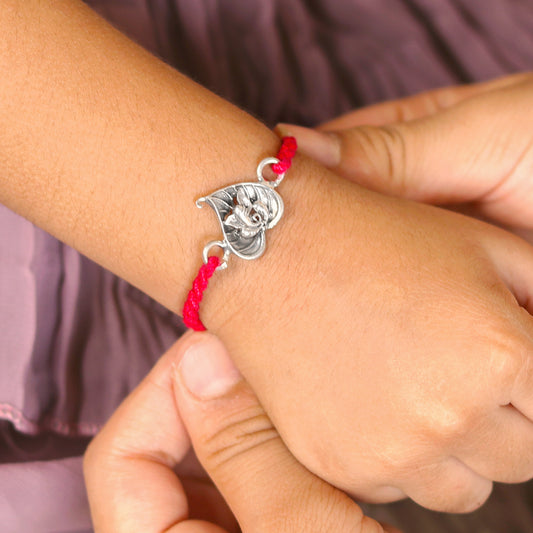 925 Sterling silver Lordv Ganesha with pan design pendant Rakhi bracelet Rakshabandhan festival rk353 - TRIBAL ORNAMENTS