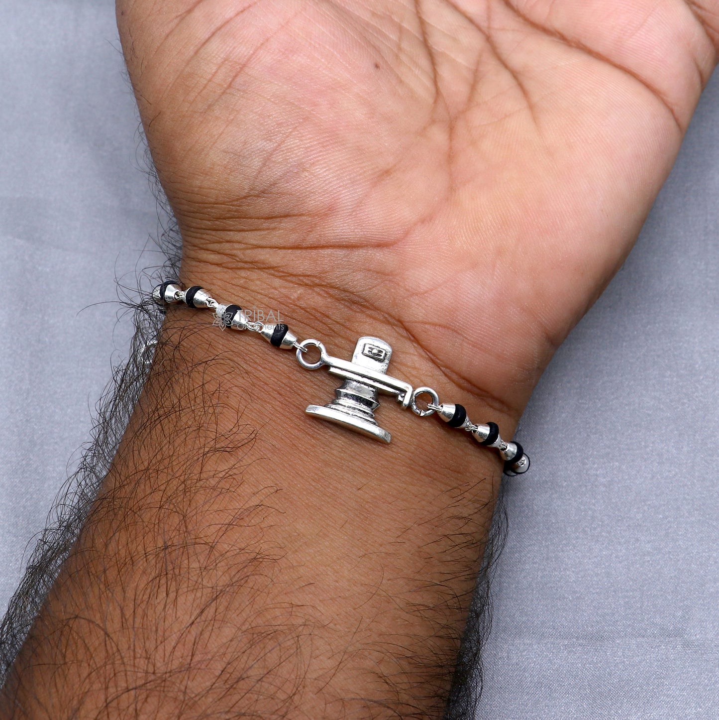 925 sterling silver handmade Lord shiva lingam ( shivling )holy basil rosary beads Rakhi bracelet, black Tulsi beaded bracelet rk393 - TRIBAL ORNAMENTS
