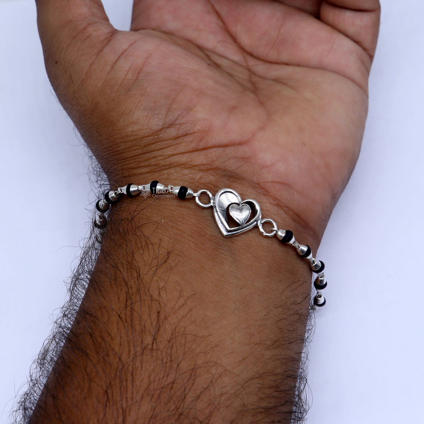 925 sterling silver handmade Heart design holy basil rosary beads Rakhi bracelet, black Tulsi beaded bracelet rk394 - TRIBAL ORNAMENTS