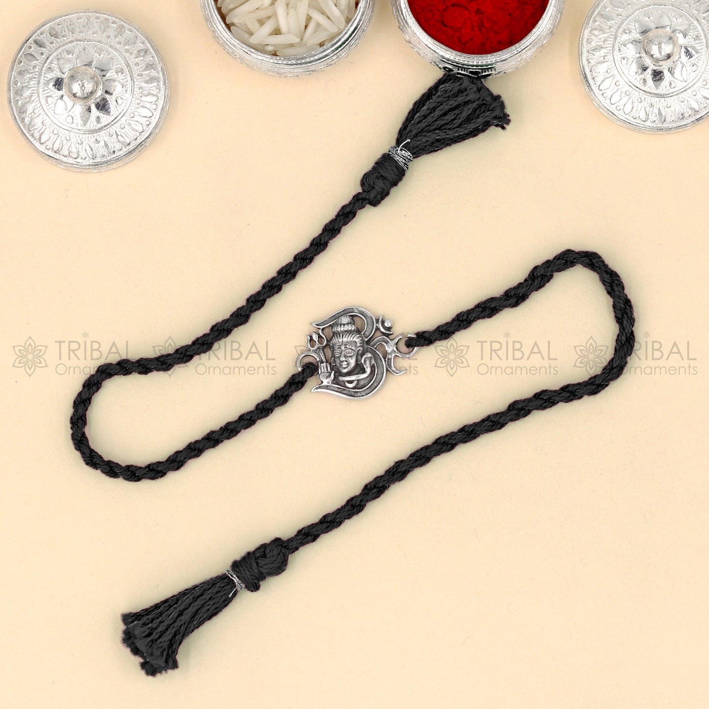 925 Sterling silver lord shiva design pendant Rakhi bracelet Rakshabandhan festival rk323 - TRIBAL ORNAMENTS