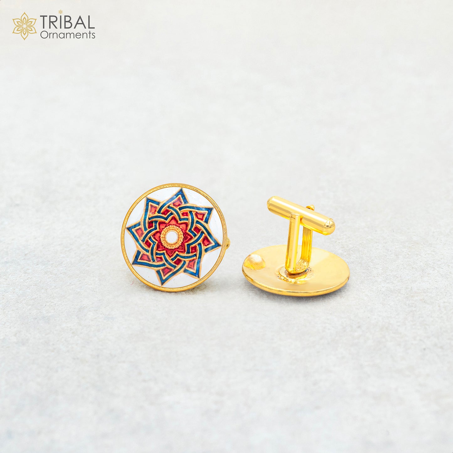 925 Sterling silver handmade stylish mandala minakari design gold polished cufflinks set of 2 pc for men's coat or suit, best jewelry for all occasions btn97