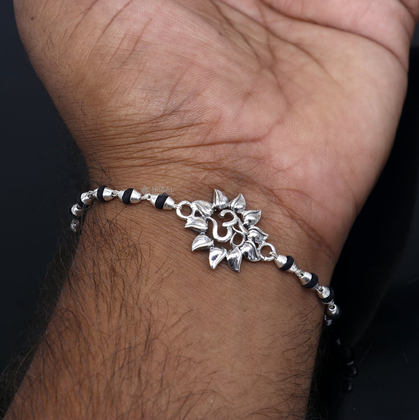925 sterling silver handmade Om design (shiva mantra) holy basil rosary beads Rakhi bracelet, black Tulsi beaded bracelet rk395 - TRIBAL ORNAMENTS