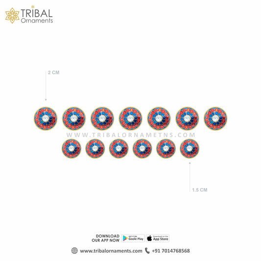 925 Sterling silver handmade gorgeous  red round shape meenakari design fancy buttons set of 13 pc for men's coat or suit, best jewelry for all occasions btn64