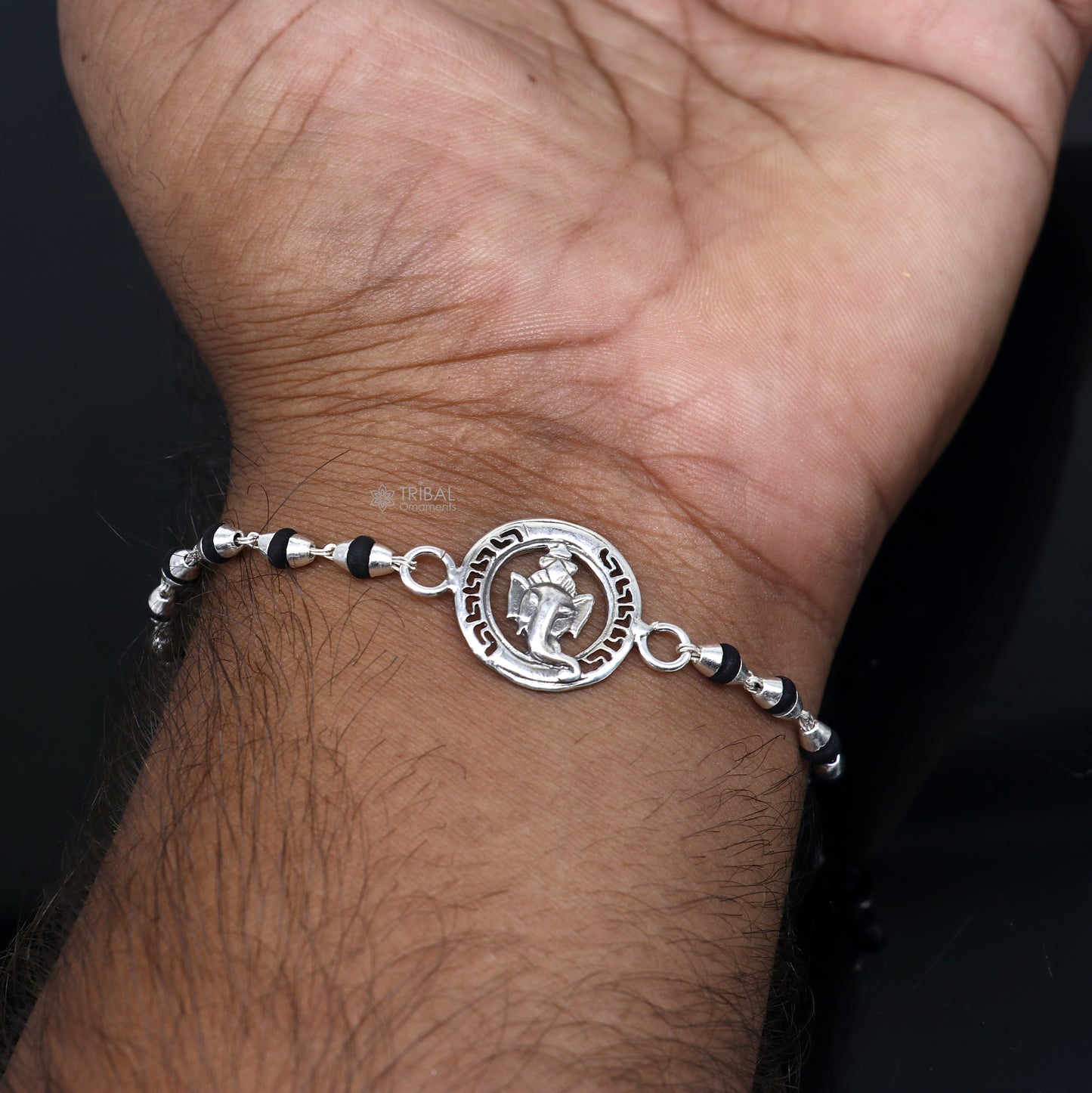 925 sterling silver handmad Lord Ganesha design holy basil rosary beads Rakhi bracelet, black Tulsi beaded bracelet rk397 - TRIBAL ORNAMENTS