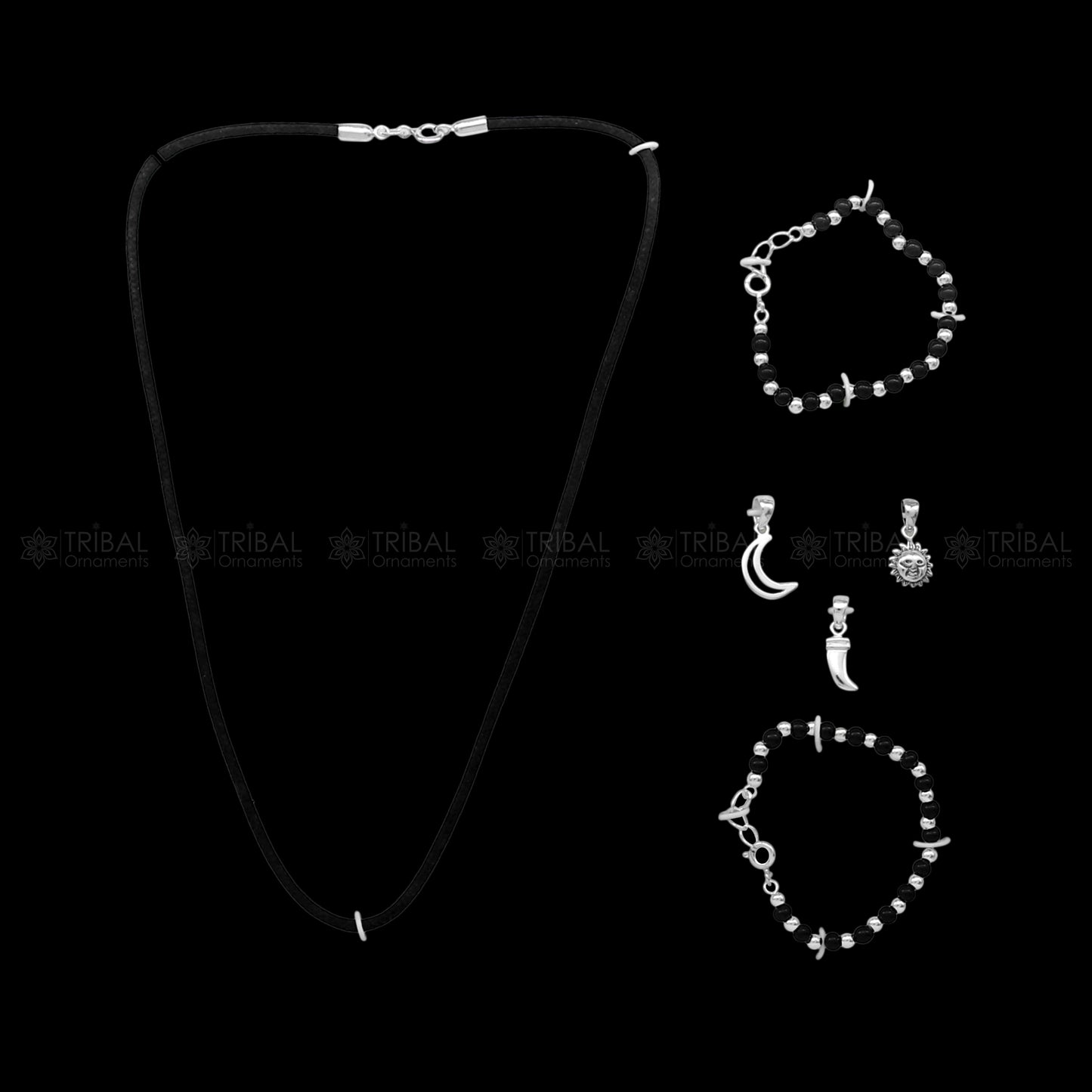 925 sterling silver handmade baby necklace pendant set with gorgeous adjustable black beads bracelet and 3 little pendants jewelry babyset2 - TRIBAL ORNAMENTS