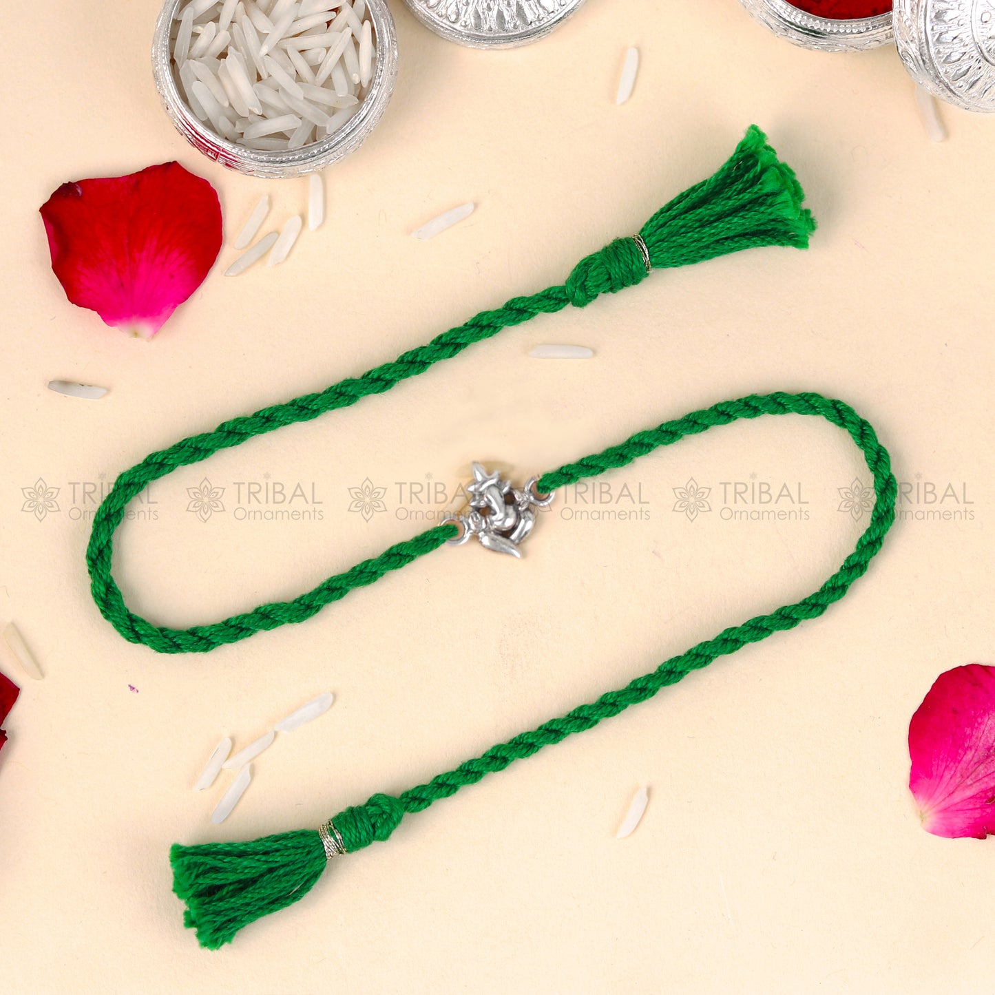 925 Sterling silver Lord Ganesha design pendant Rakhi bracelet Rakshabandhan festival rk355 - TRIBAL ORNAMENTS