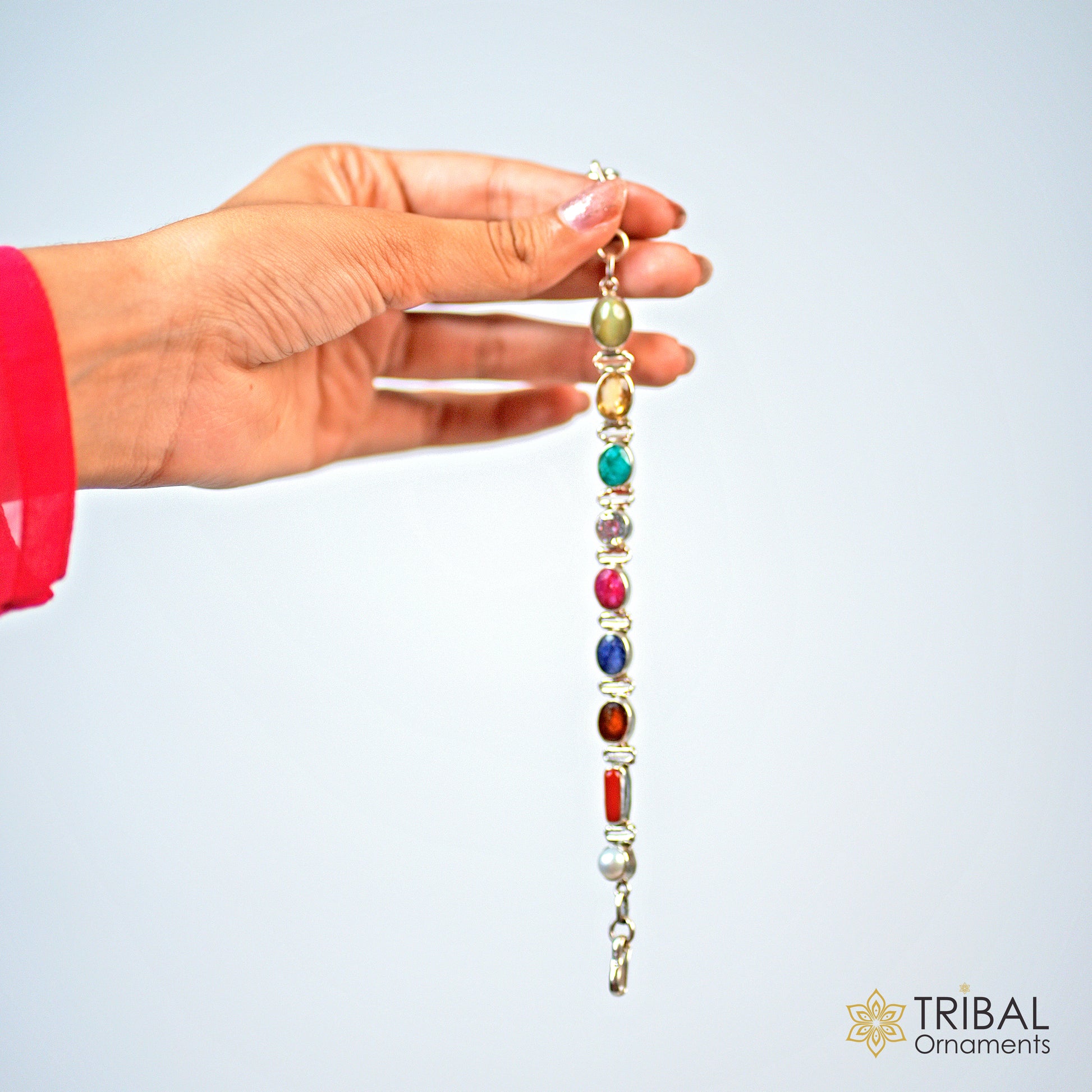 925 sterling silver handmade Navratan stone unisex nine stone bracelet sbr742 - TRIBAL ORNAMENTS