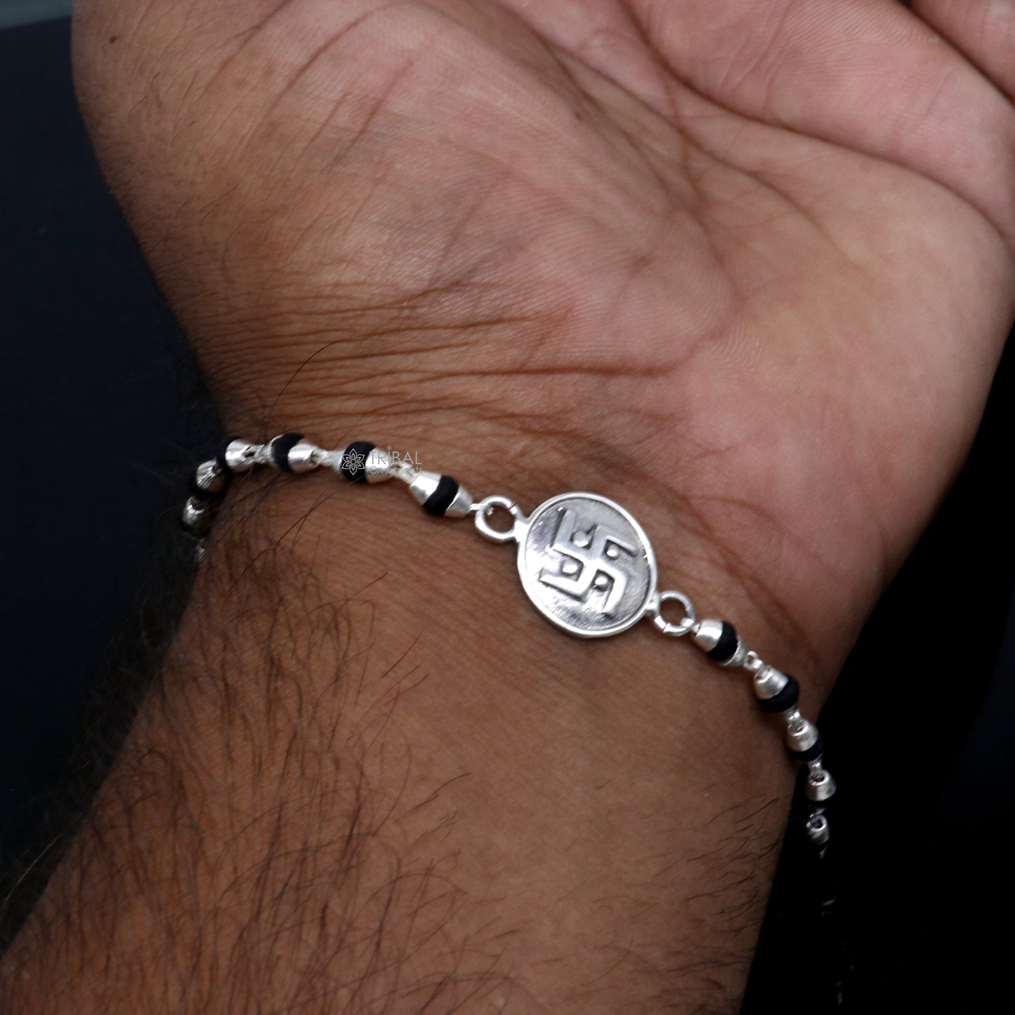 925 sterling silver handmad Swashtik design holy basil rosary beads Rakhi bracelet, black Tulsi beaded bracelet rk400 - TRIBAL ORNAMENTS