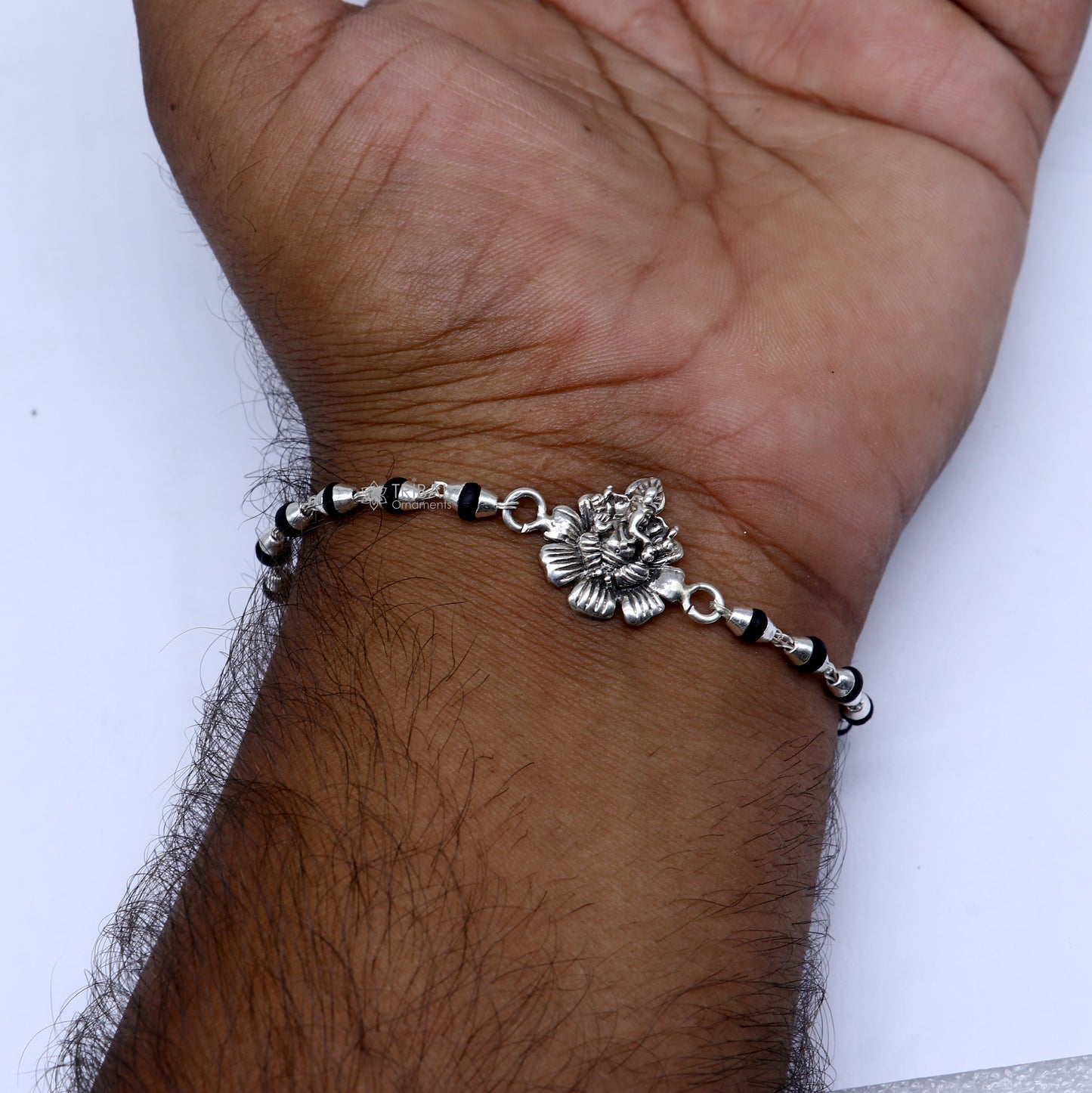 925 sterling silver handmad Lord Ganesha with flower design holy basil rosary beads Rakhi bracelet, black Tulsi beaded bracelet rk398 - TRIBAL ORNAMENTS