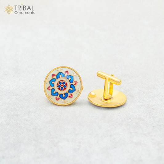 925 Sterling silver minakari mandala design gold polished cufflinks set of 2 pc for men's coat or suit btn103