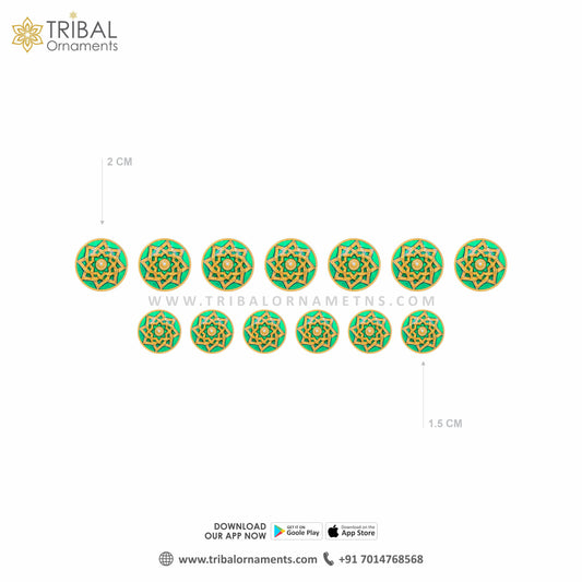 925 Sterling silver handmade gorgeous green color mandala design gold polished buttons set of 13 pc for men's coat or suit, best jewelry for all occasions btn69