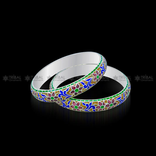 925 sterling meenakari style work designer bangle bracelet pure silver gifting jewelry, brides made bangles ba424 - TRIBAL ORNAMENTS