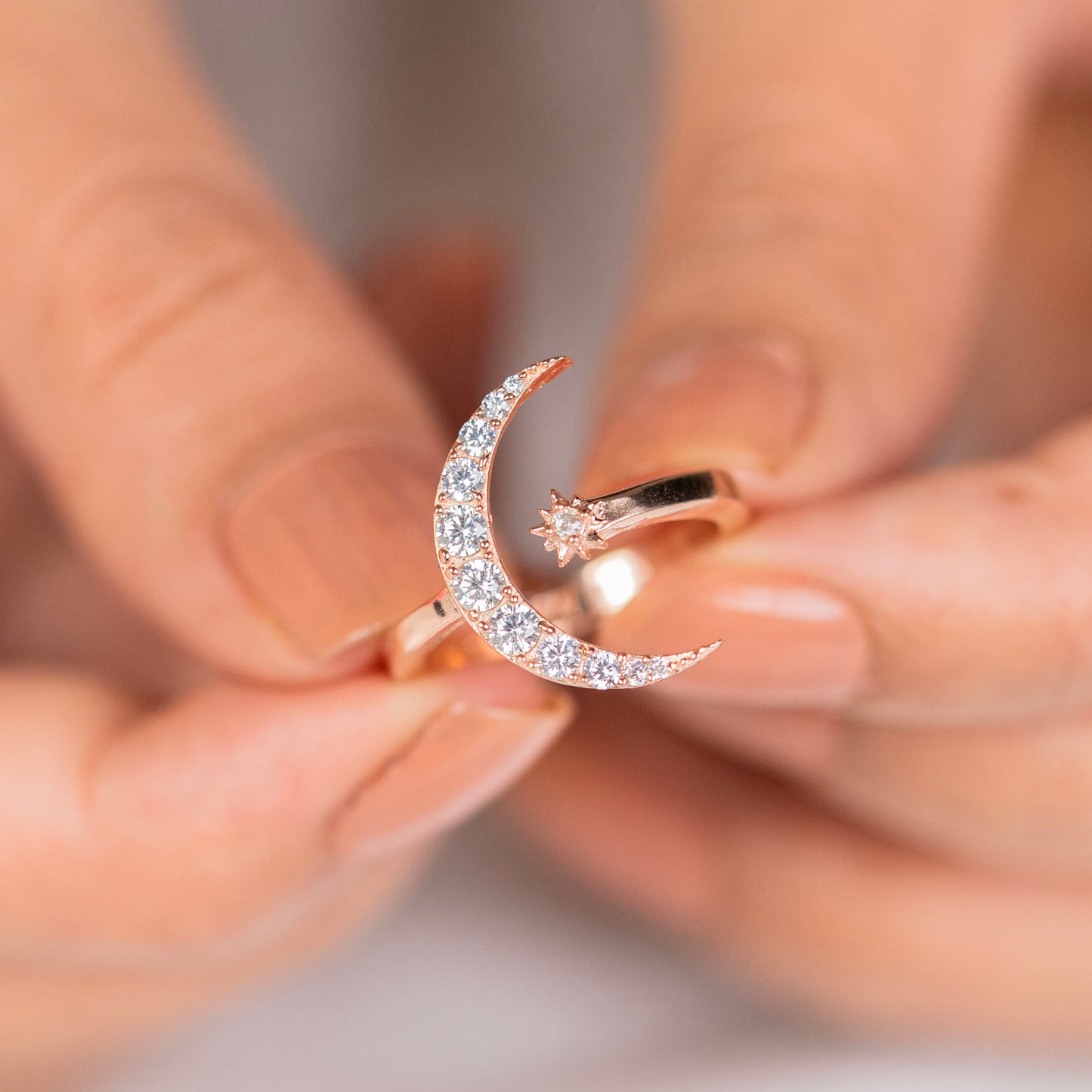 Moon and star design rose gold silver ring - TRIBAL ORNAMENTS