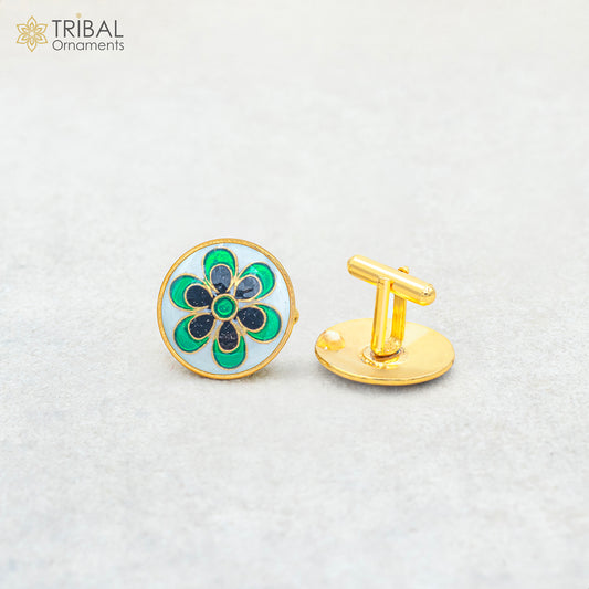 925 Sterling silver minakari flower design gold polished cufflinks set of 2 pc for men's coat or suit btn106