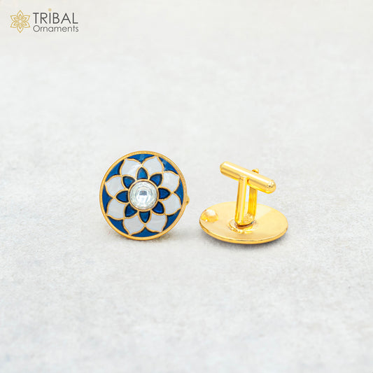 925 Sterling silver stylish minakari mandala design gold polished cufflinks set of 2 pc for men's coat or suit btn107