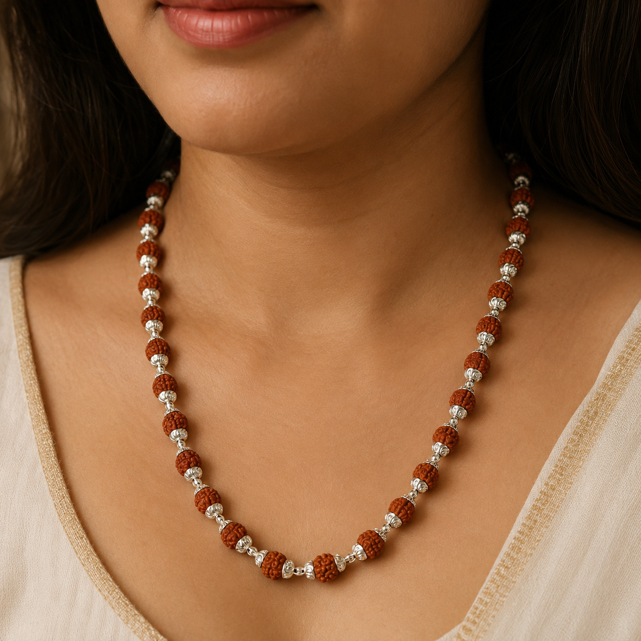 Handmade sterling silver Rudraksh beads japp mala necklace, 26 inches long with 54 natural beads for chanting and prayer.