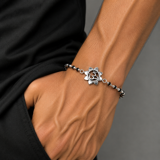 925 sterling silver flower OM design Rudraksha or Tulsi beaded bracelet rakhi rk190