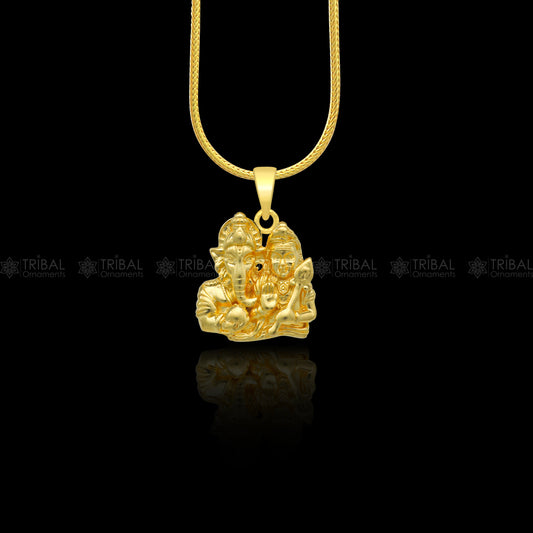 925 sterling silver gold polished Lord Ganesha and Kartikeya divine pendant nsp919 - TRIBAL ORNAMENTS