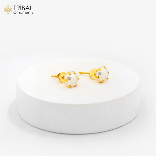Exclusive round pearl 14kt yellow gold fabulous stud earring for unisex jewelry from india er182 - TRIBAL ORNAMENTS