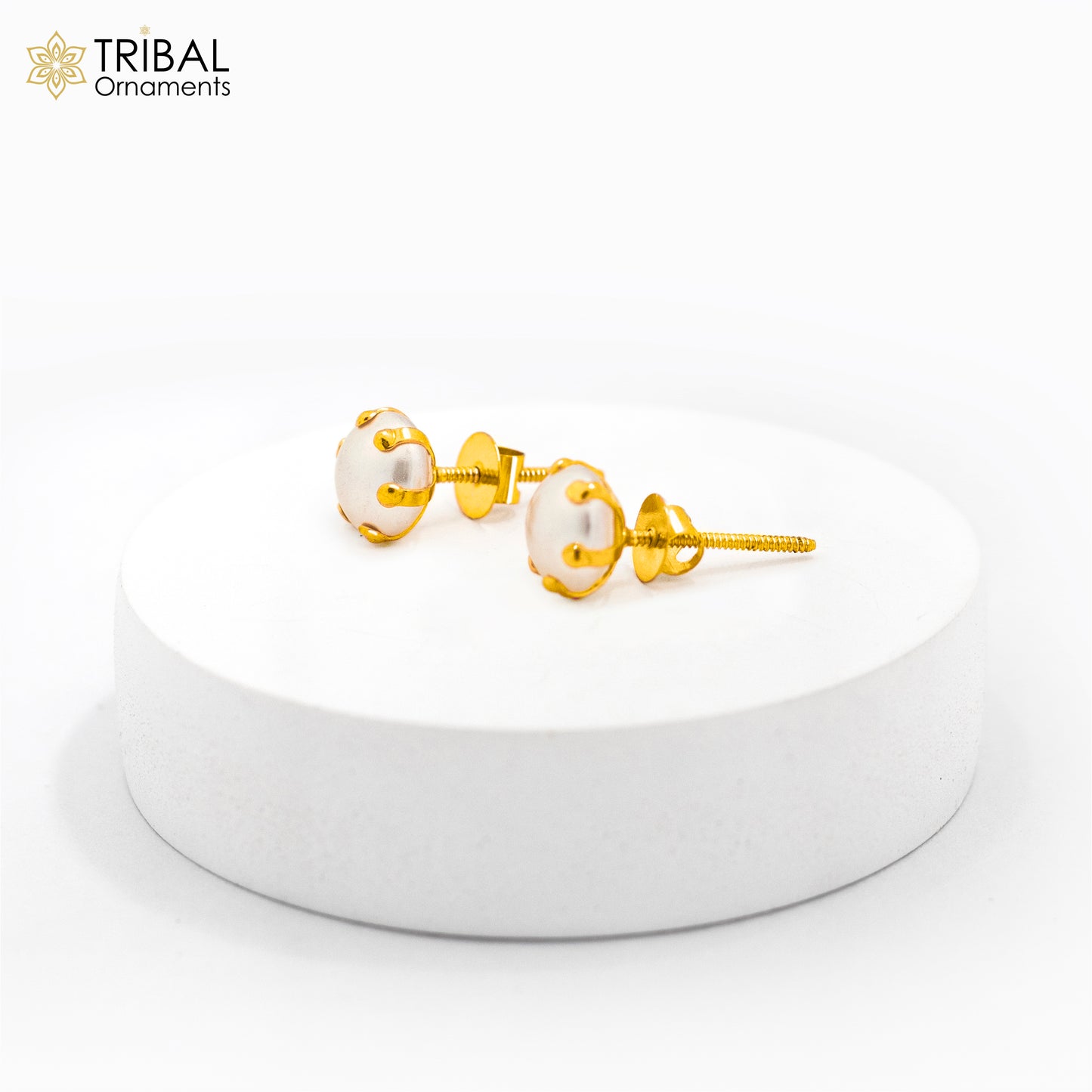 Exclusive round pearl 14kt yellow gold fabulous stud earring for unisex jewelry from india er182 - TRIBAL ORNAMENTS