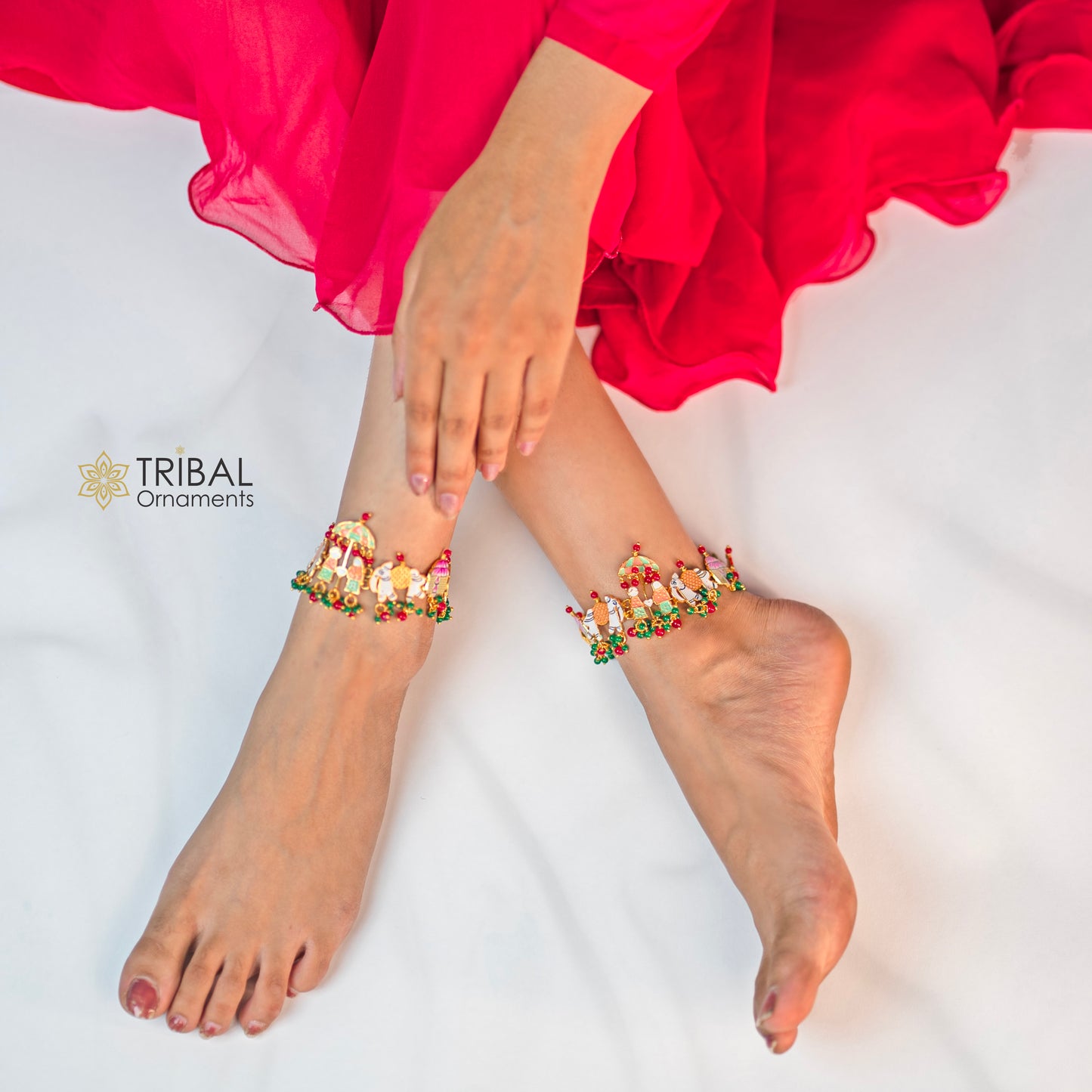 925 sterling silver gold polished fabulous Barat or groom and brides design cultural ethnic anklets for brides ank642 - TRIBAL ORNAMENTS