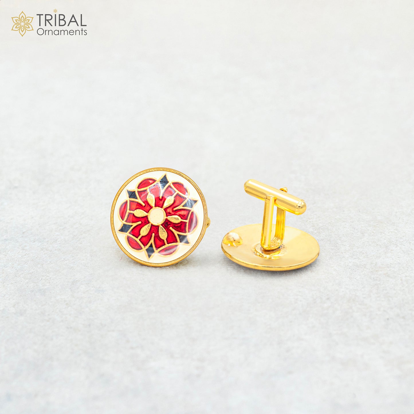 925 Sterling silver minakari flower design gold polished cufflinks set of 2 pc for men's coat or suit btn115