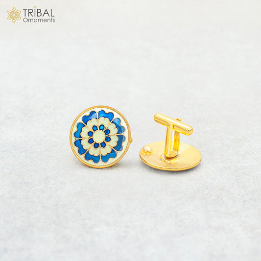 925 Sterling silver minakari flower design gold polished cufflinks set of 2 pc for men's coat or suit btn117