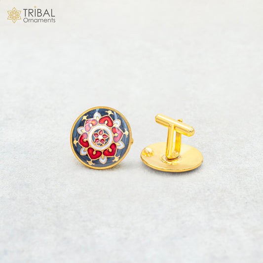 925 Sterling silver minakari mandala design gold polished cufflinks set of 2 pc for men's coat or suit btn118