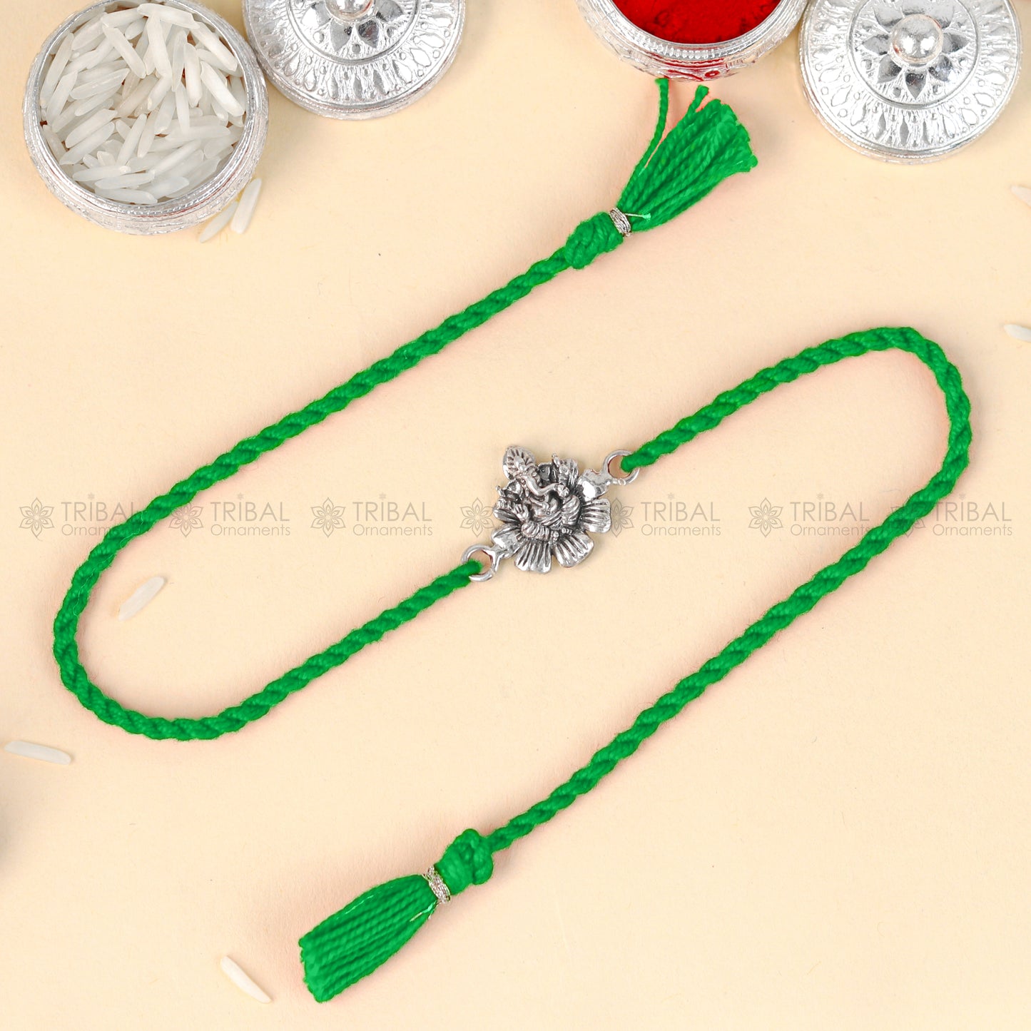 925 Sterling silver Lord Ganesha design pendant Rakhi bracelet Rakshabandhan festival rk337 - TRIBAL ORNAMENTS