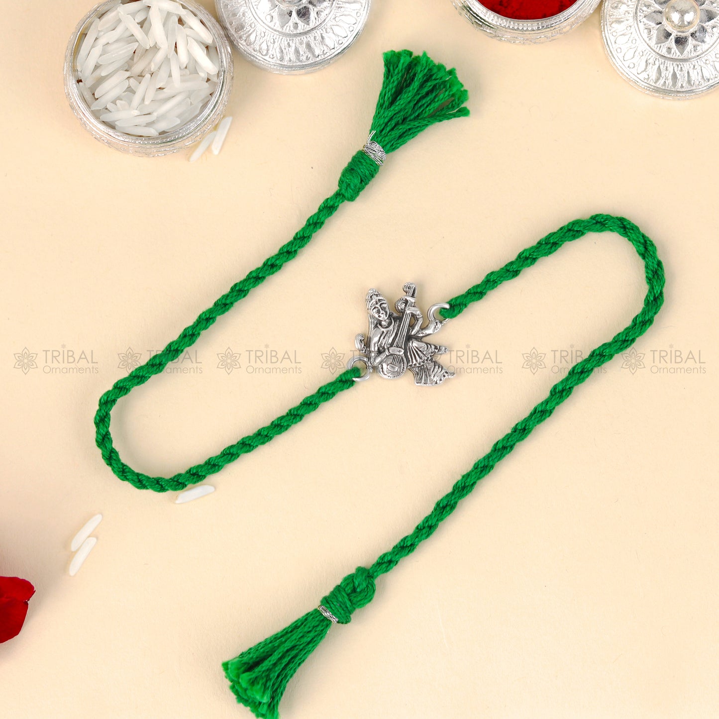 925 Sterling silver Lord Sarashwati maa with veena design pendant Rakhi bracelet Rakshabandhan festival rk331 - TRIBAL ORNAMENTS