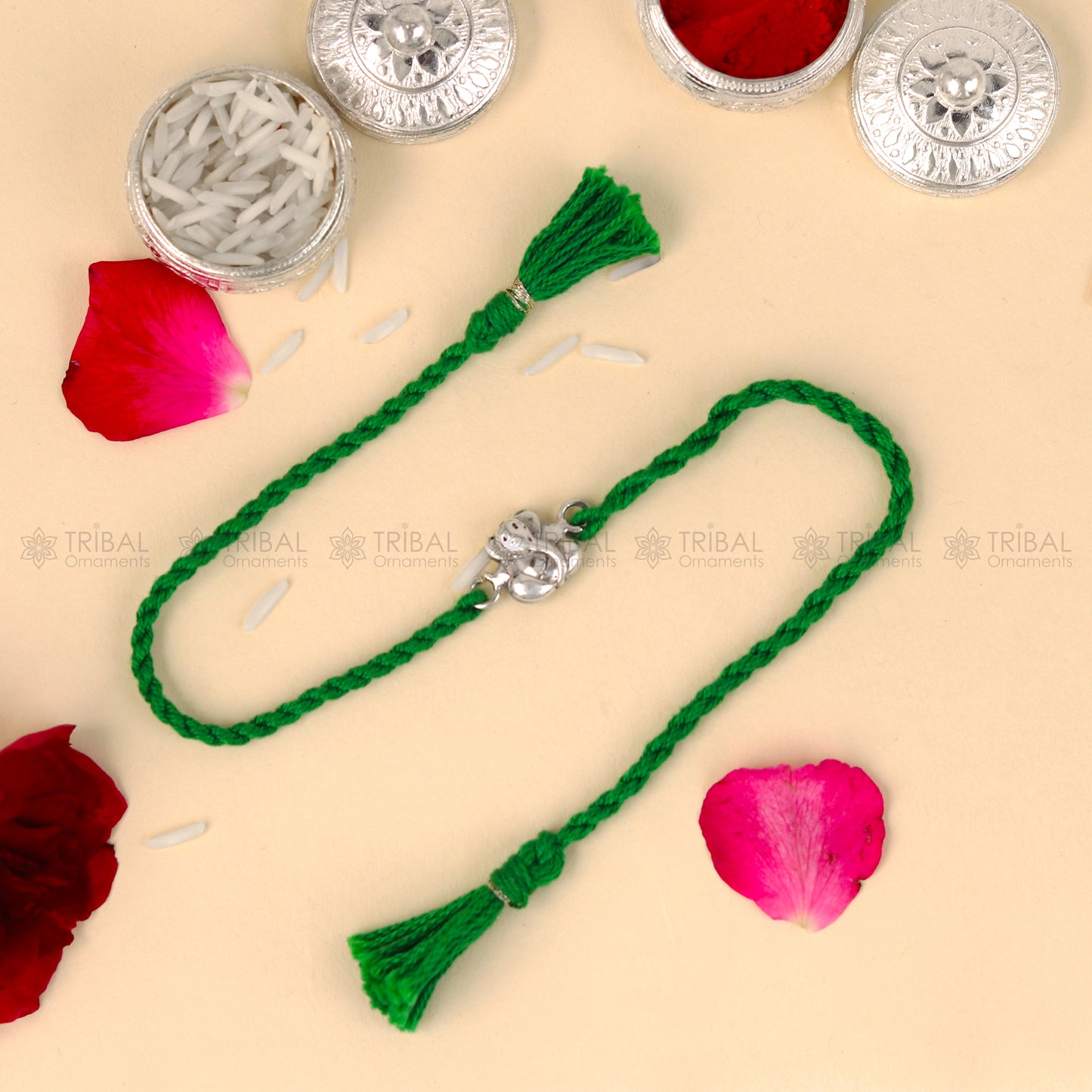 925 Sterling silver Lord Ganesha design pendant Rakhi bracelet Rakshabandhan festival rk335 - TRIBAL ORNAMENTS
