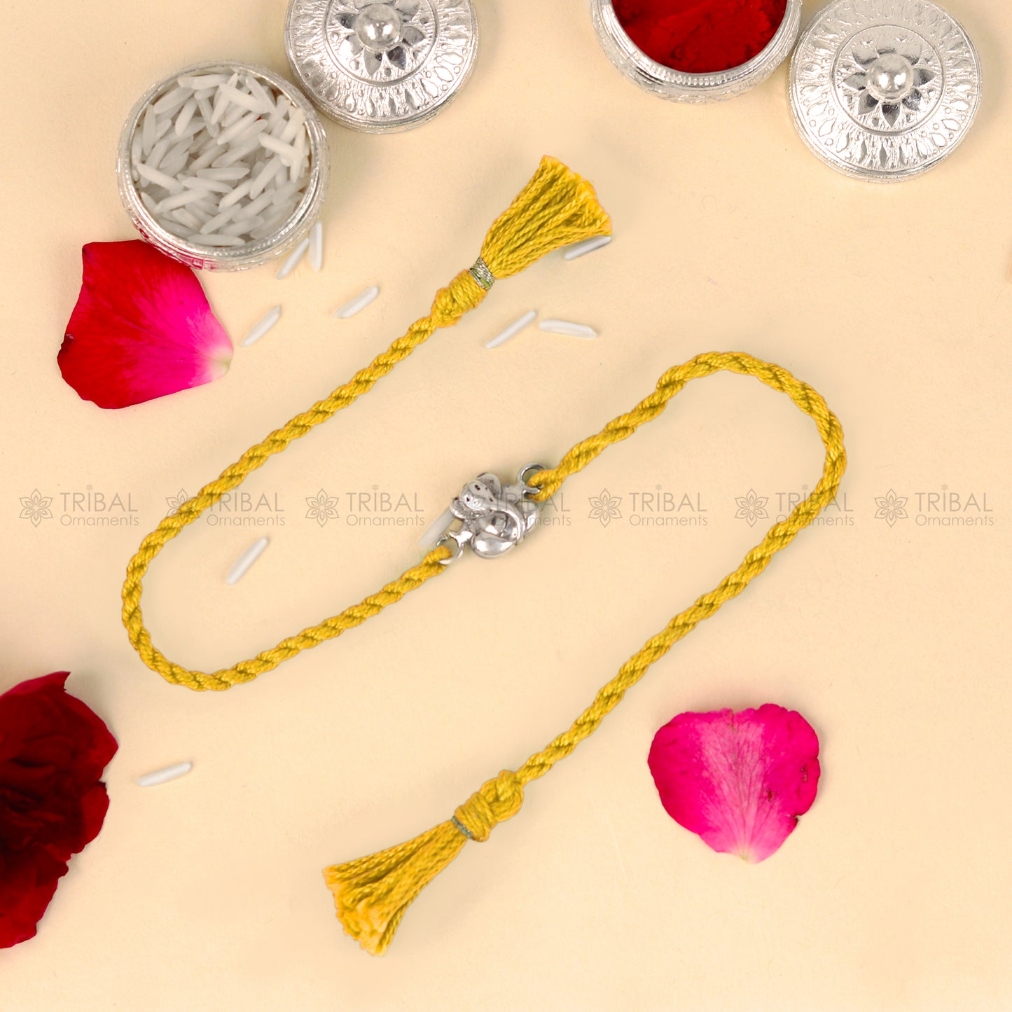925 Sterling silver Lord Ganesha design pendant Rakhi bracelet Rakshabandhan festival rk335 - TRIBAL ORNAMENTS