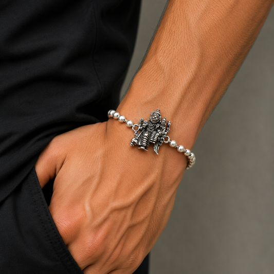 Sterling silver Lord Laxmi Narayana Avtar Narsimha Rudraksha beads bracelet for Rakhi, crafted by TRIBAL ORNAMENTS.