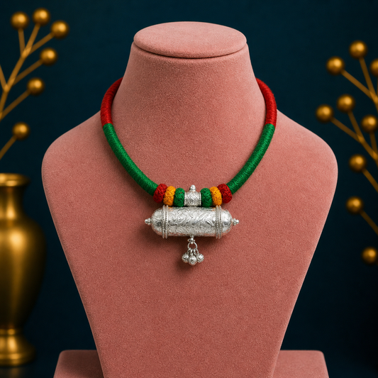 925 Sterling silver tribal pendant with intricate ethnic design on a thread necklace, traditional choker for bridal jewelry set