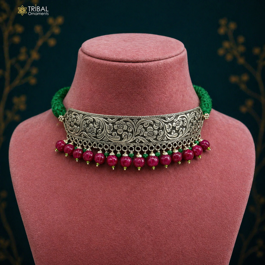 925 sterling silver Nakshi work tribal charm necklace choker with intricate ethnic design inspired by Rajasthan heritage.