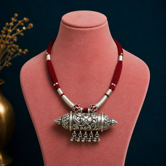 925 silver tribal amulet Taviz pendant on ethnic necklace with adjustable back thread knot, featuring cultural mantra box jewelry set.
