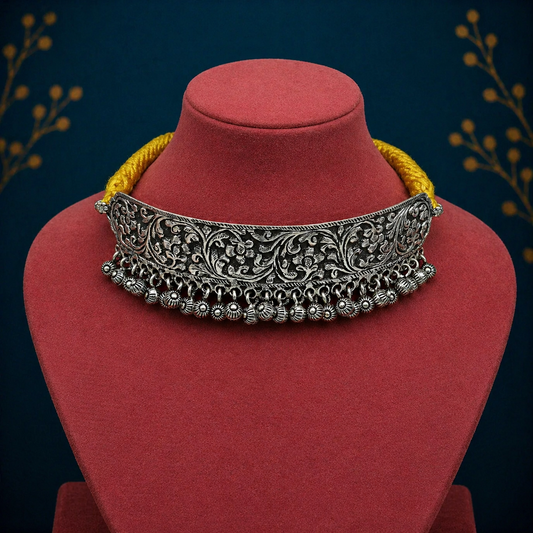 Vintage 925 sterling silver charm necklace with custom chitai/kandrai work, tribal jewelry choker set featuring traditional design.