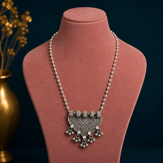 925 sterling silver 4mm beaded long necklace with traditional tribal design, handmade jewelry by TRIBAL ORNAMENTS.